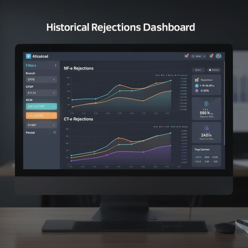 Dashboard com histórico de rejeições fiscais por CFOP, NCM e filial