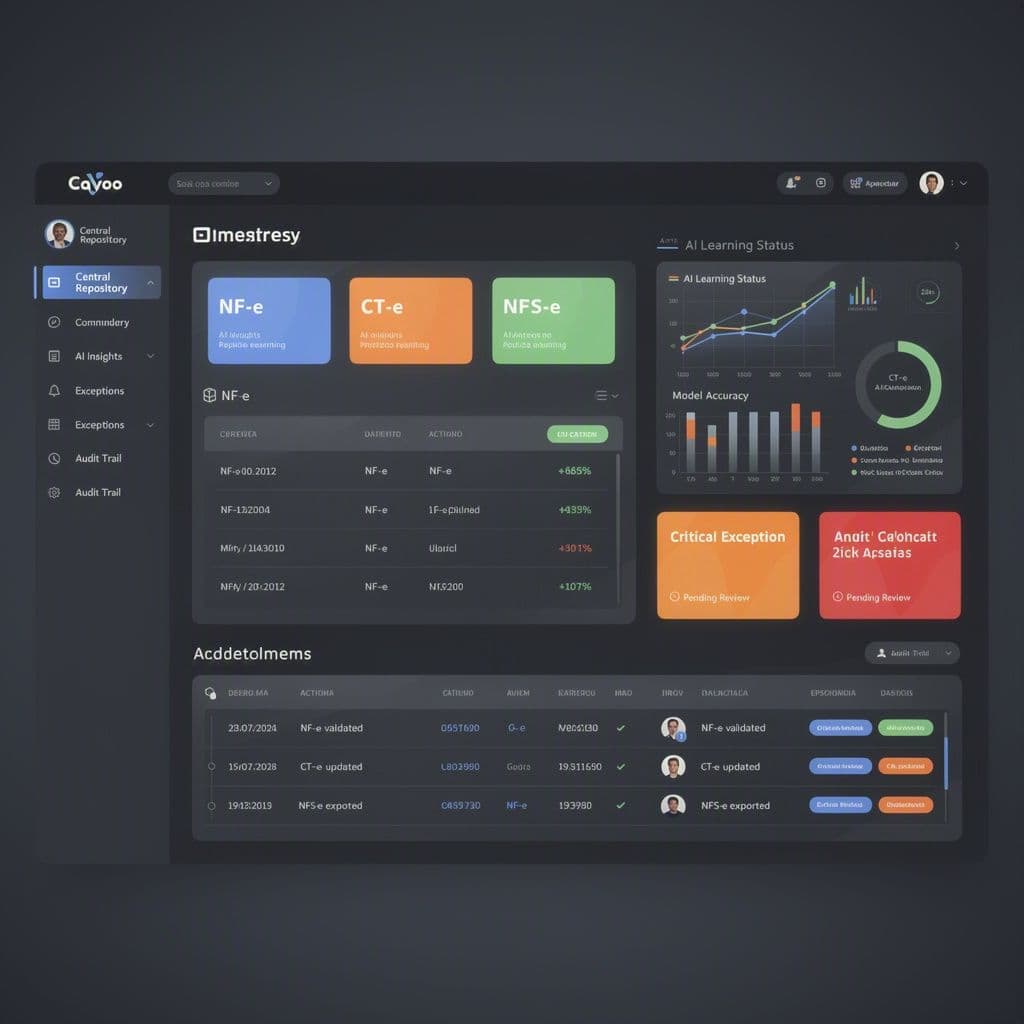 Dashboard centralizando NF-e, CT-e e NFS-e com indicadores de aprendizado de IA
