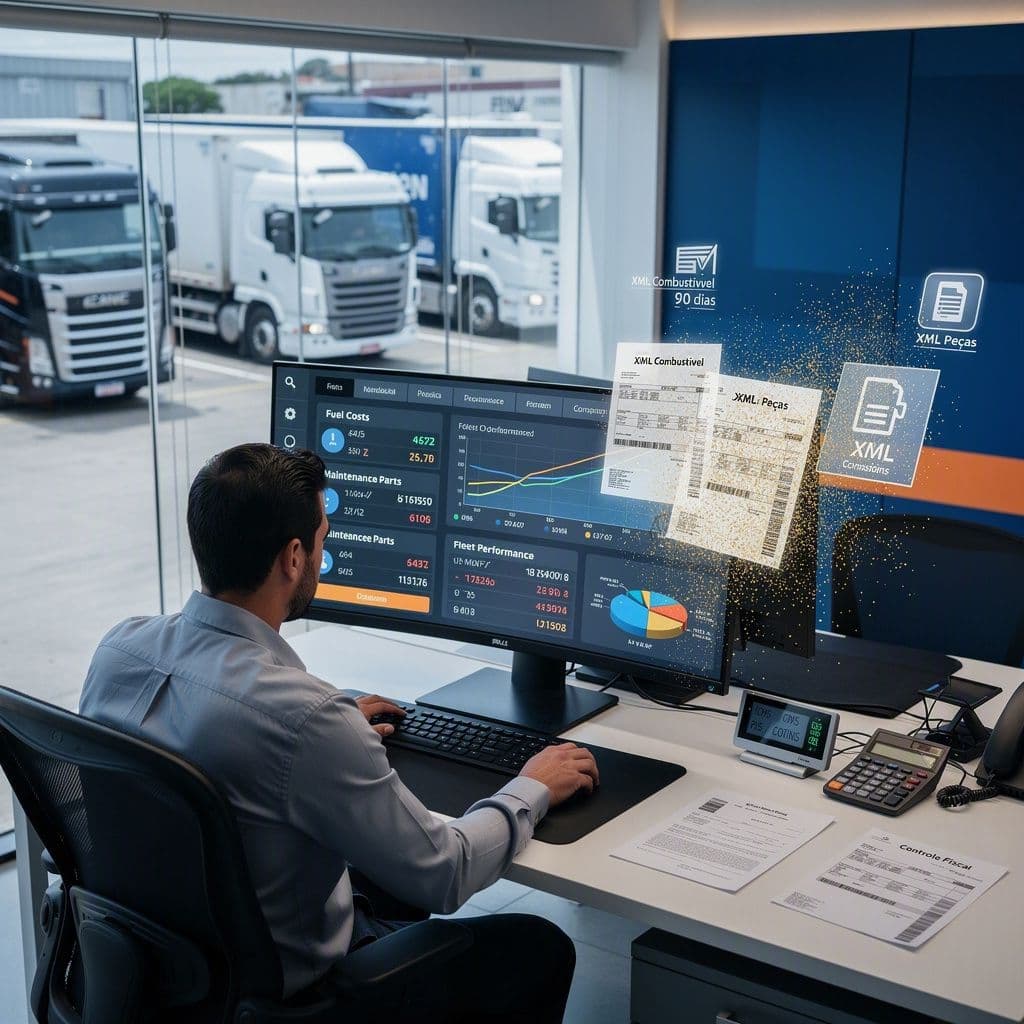 Gestor de frota analisando perda de XMLs de diesel e peças no controle de custos logísticos