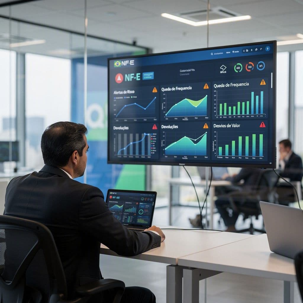 Gestor financeiro analisando dashboard de NF-e com alertas de risco de inadimplência
