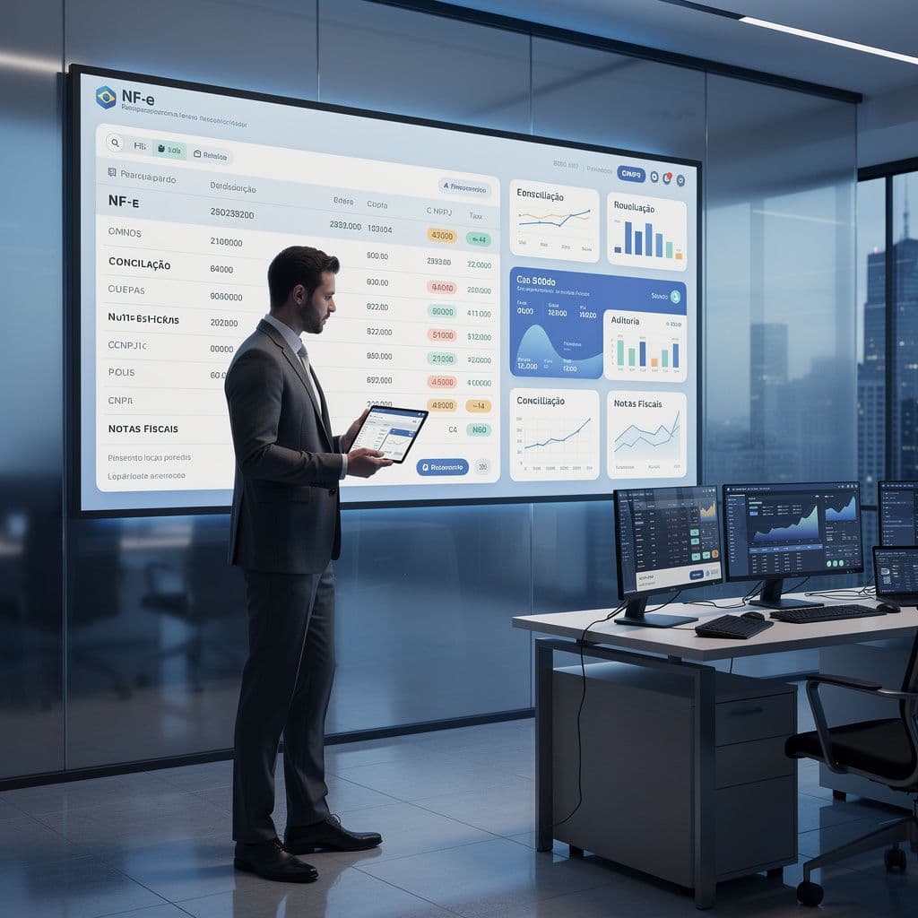 Profissional financeiro analisando NF-e em dashboard corporativo