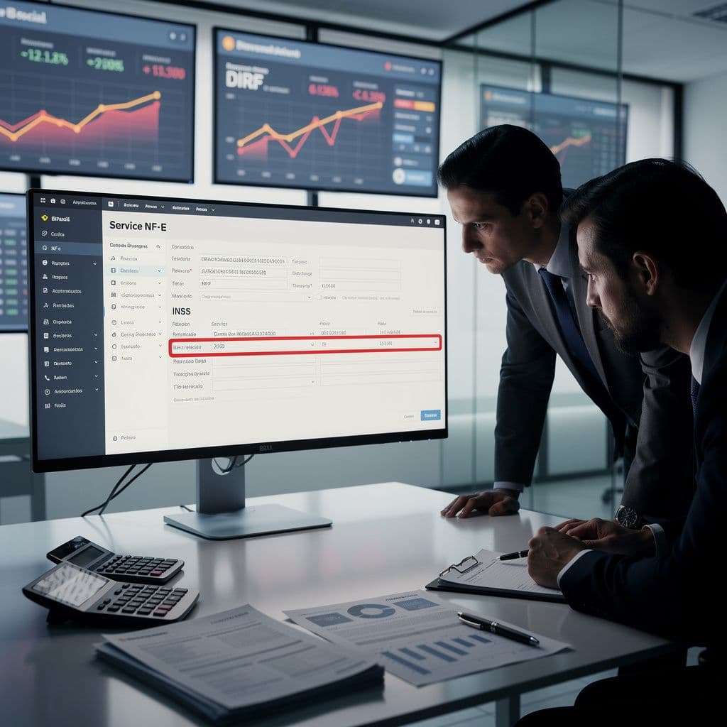 Contadores analisando retenções de INSS em notas fiscais de serviços com alertas de divergência na DIRF