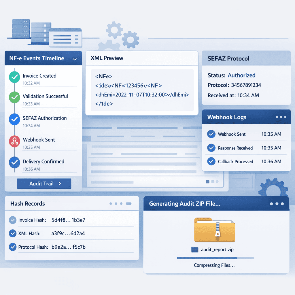 Dashboard técnico mostrando timeline, XML, protocolo SEFAZ e pacote de auditoria de NF-e