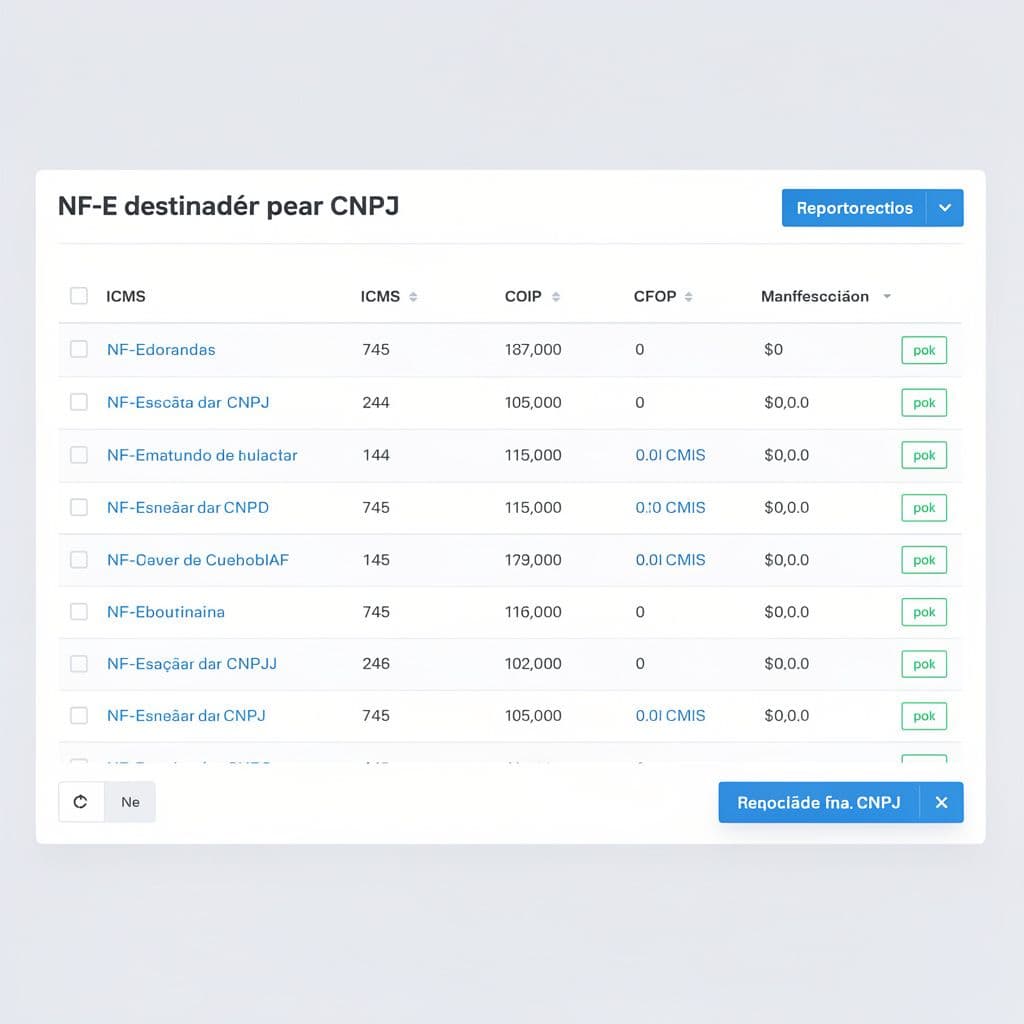 Dashboard de sistema fiscal com lista de NF-e, filtros de ICMS e status de manifestação