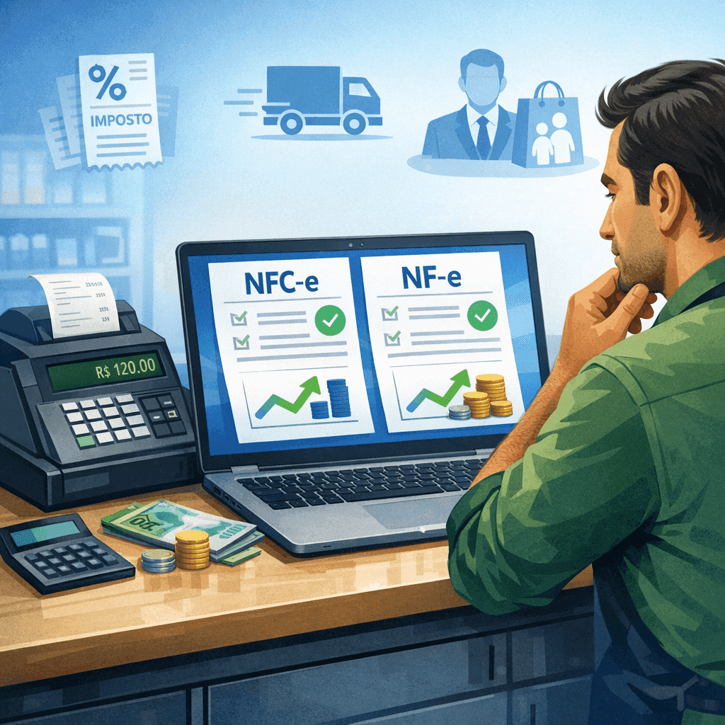 Lojista comparando NFC-e e NF-e no caixa da loja