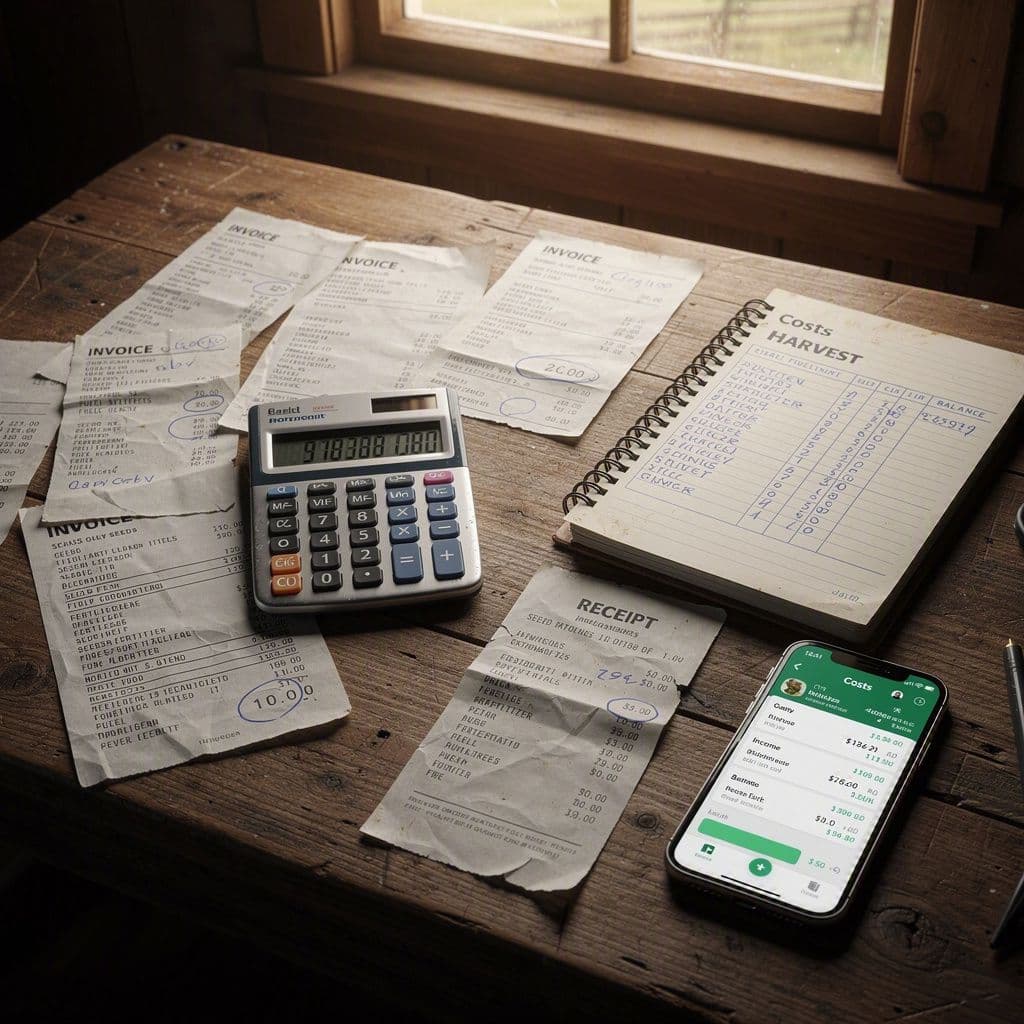 Mesa com caderno, notas fiscais, calculadora e celular em ambiente rural