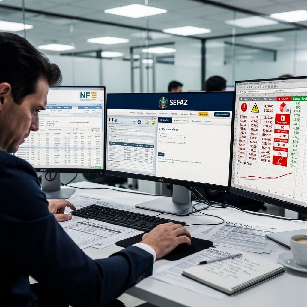 Profissional fiscal analisando múltiplas telas desconectadas com dados divergentes