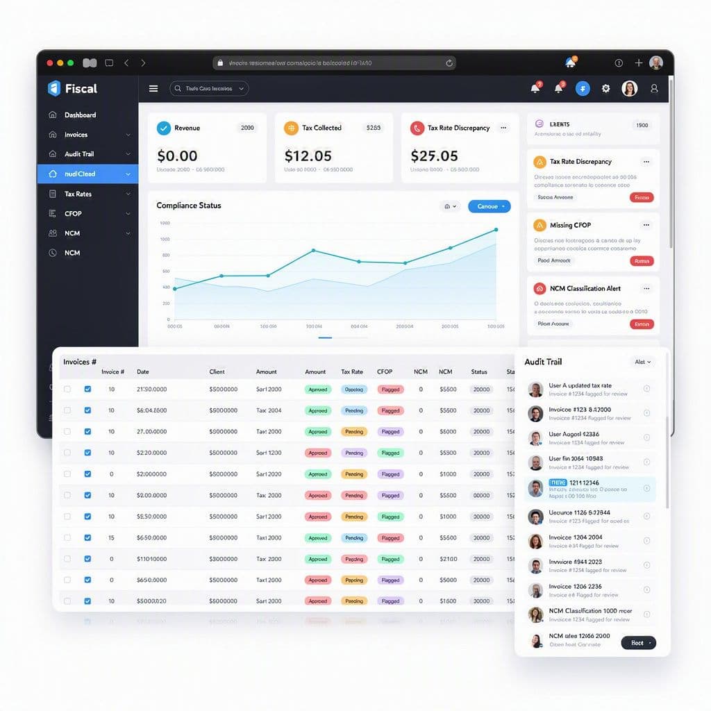 Dashboard fiscal com alertas e trilha de auditoria