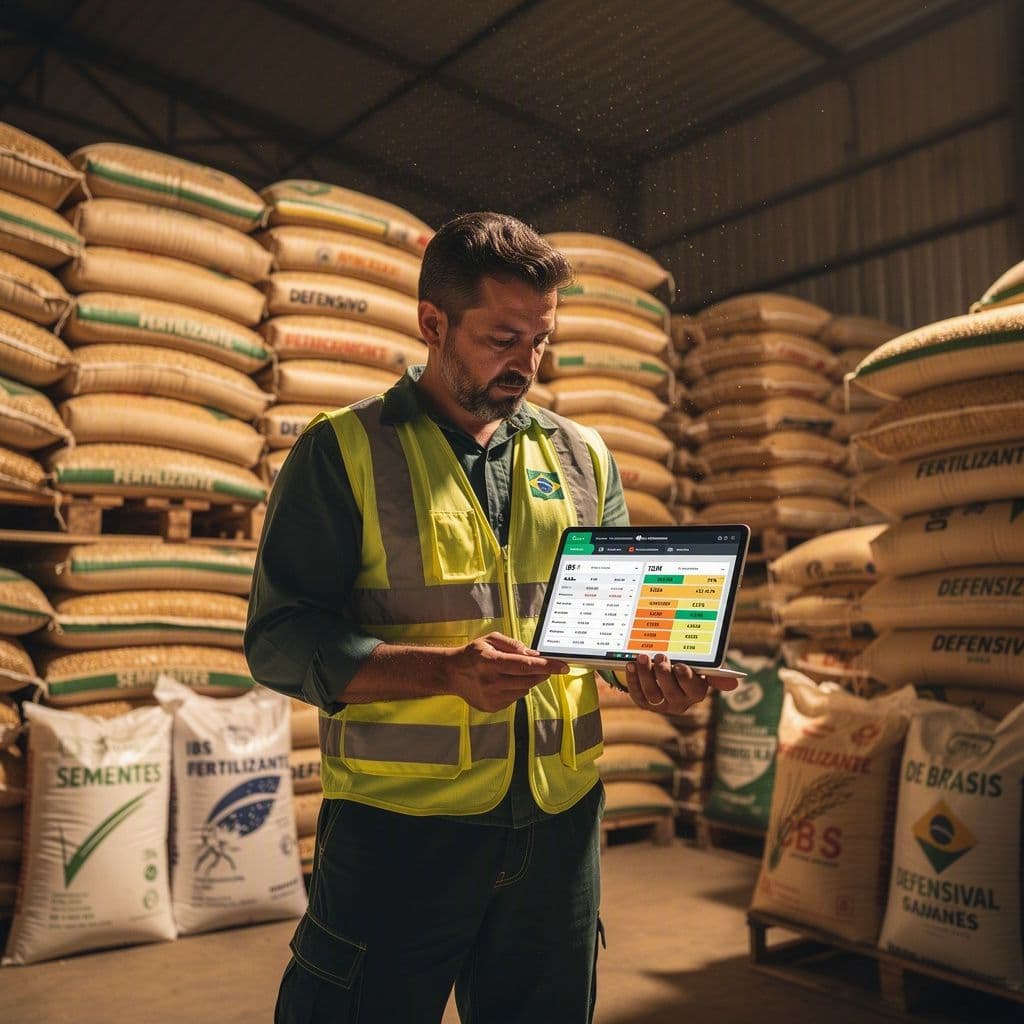 Gestor rural consultando classificação NCM e alíquota zero de insumos agro em dashboard fiscal