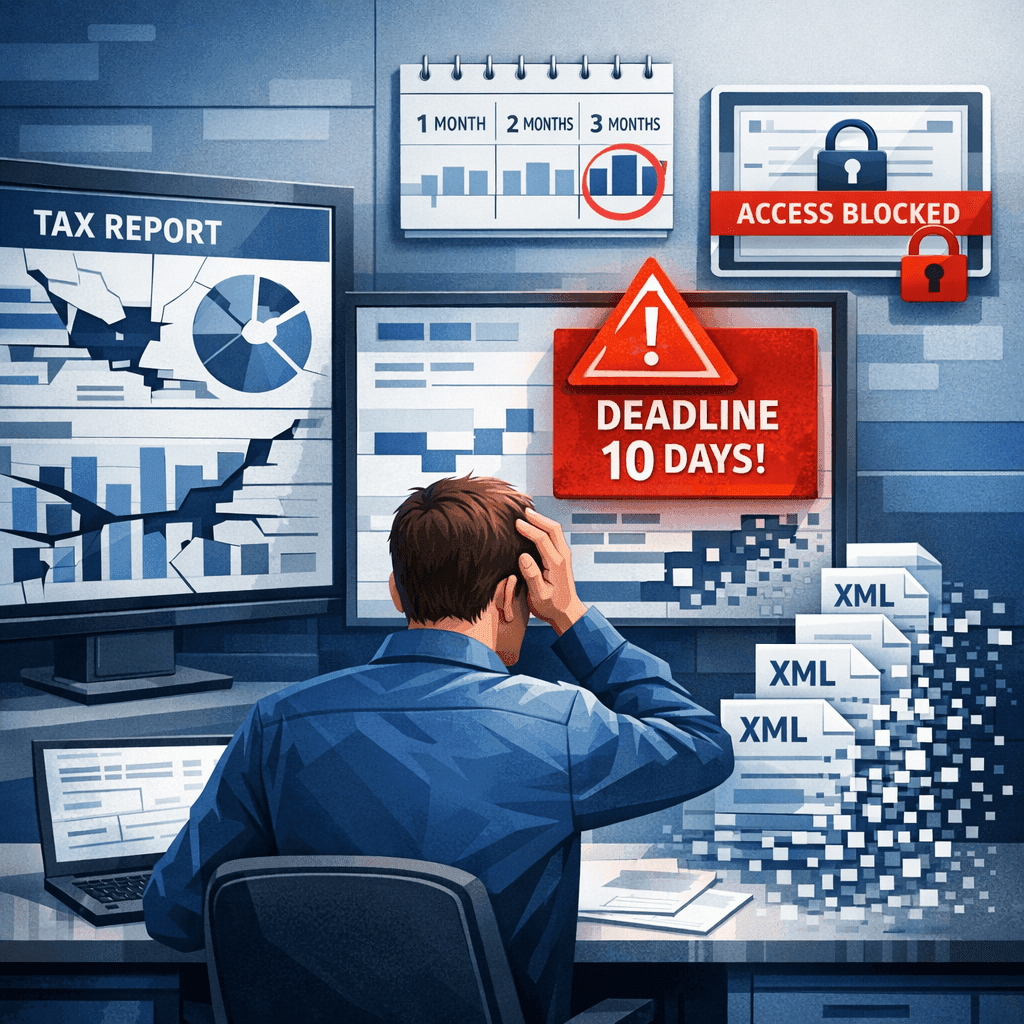 Analista de BI fiscal observando dashboards incompletos por perda de histórico de XMLs