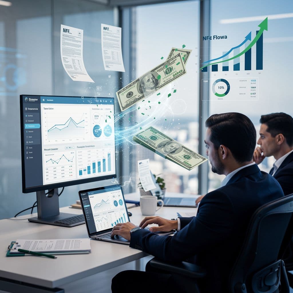 Gestor financeiro usando dados de NF-e para prever fluxo de caixa e lucro