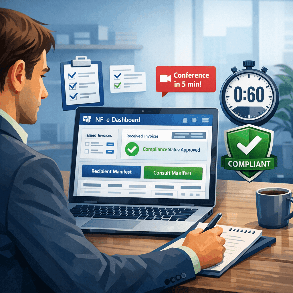 Analista fiscal conferindo NF-e em painel digital com checklist e botão de manifesto do destinatário