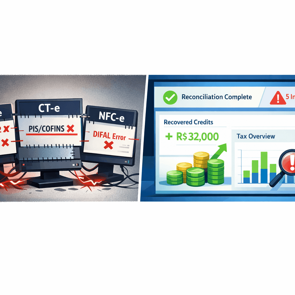 Dashboard unificado conciliando NF-e, CT-e e NFC-e para corrigir erros invisíveis na apuração de impostos