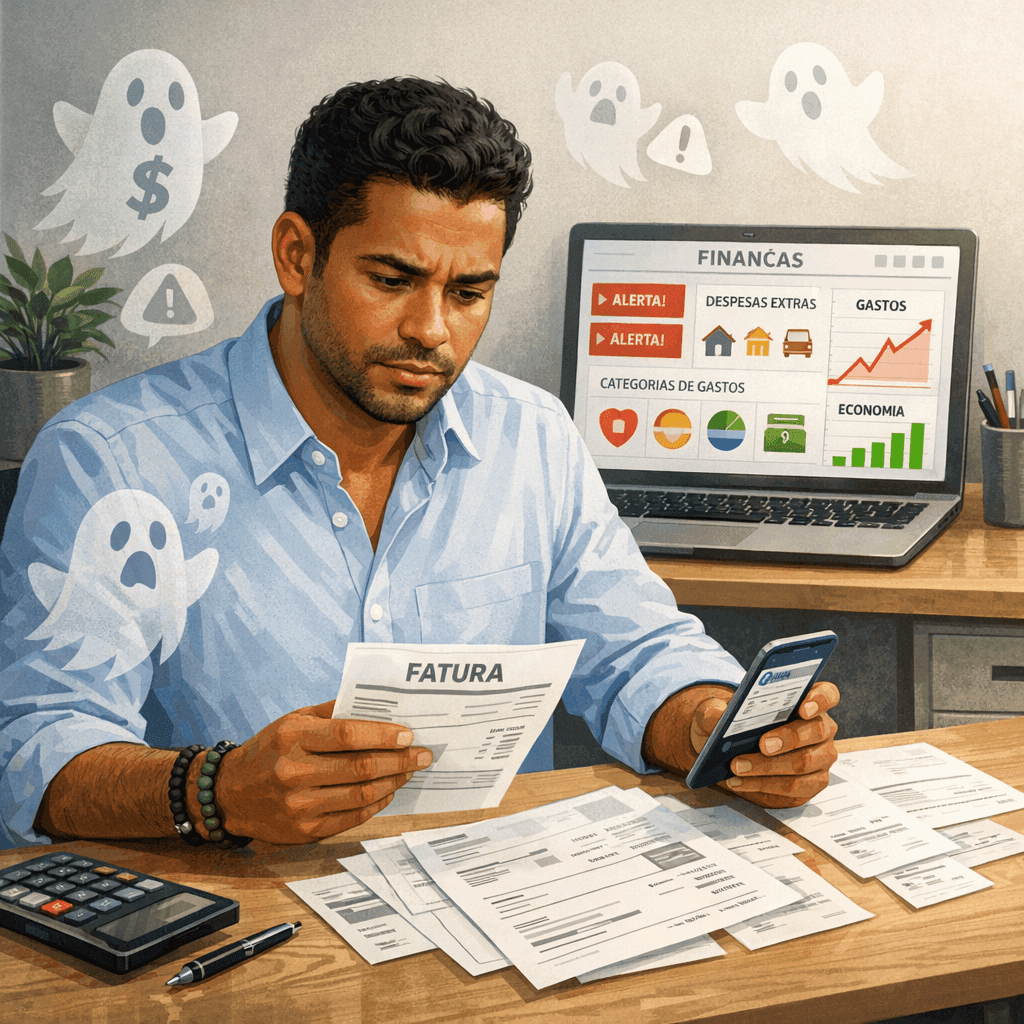 Empreendedor analisando notas fiscais para encontrar gastos invisíveis no negócio.