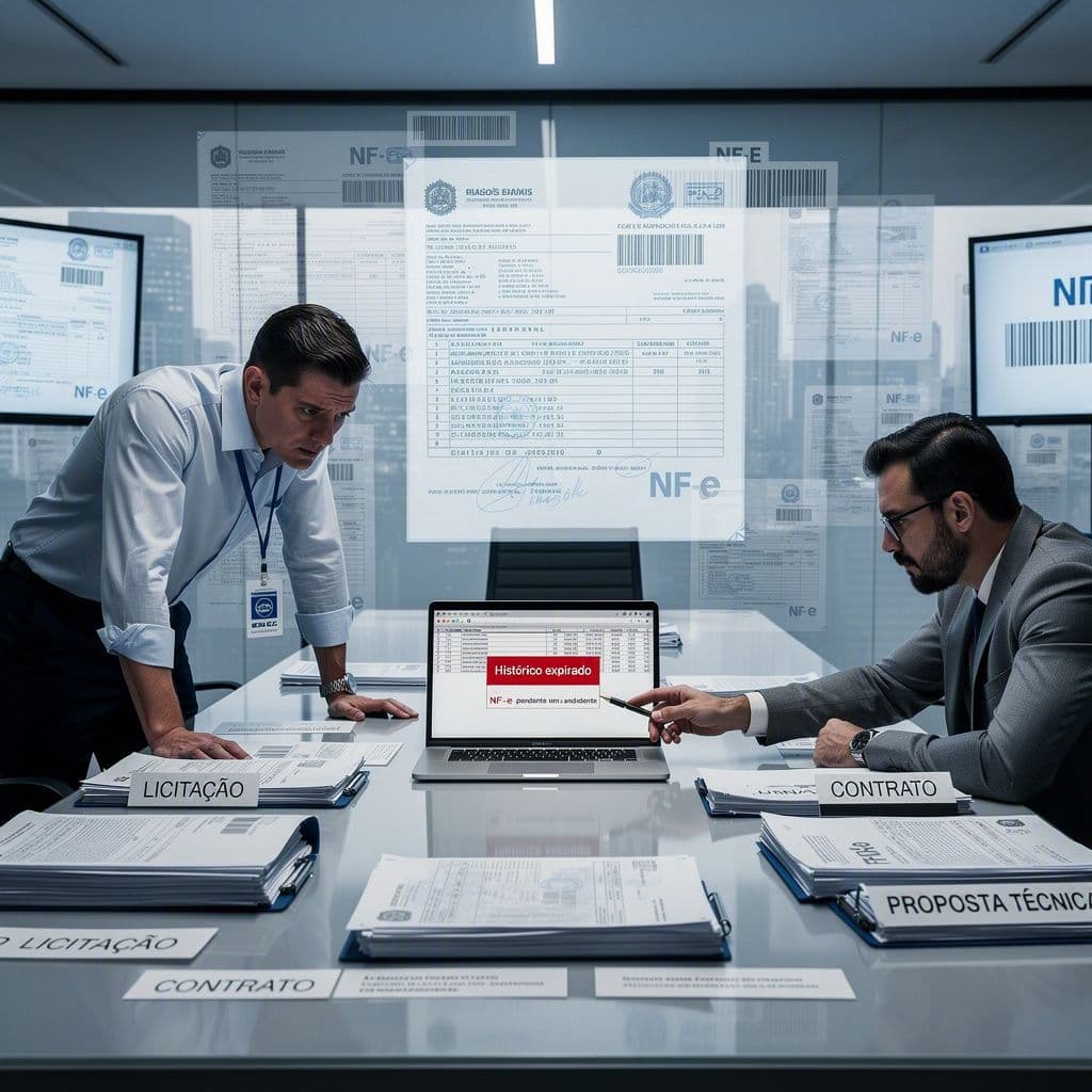 Equipe de construtora analisando documentos fiscais e licitação com alerta de XML expirado
