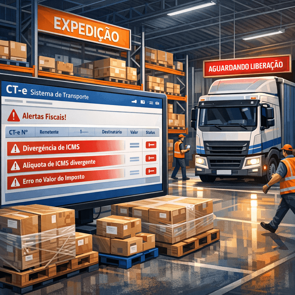 Centro logístico de marketplace com carga parada por erro em CT-e e alertas fiscais na tela