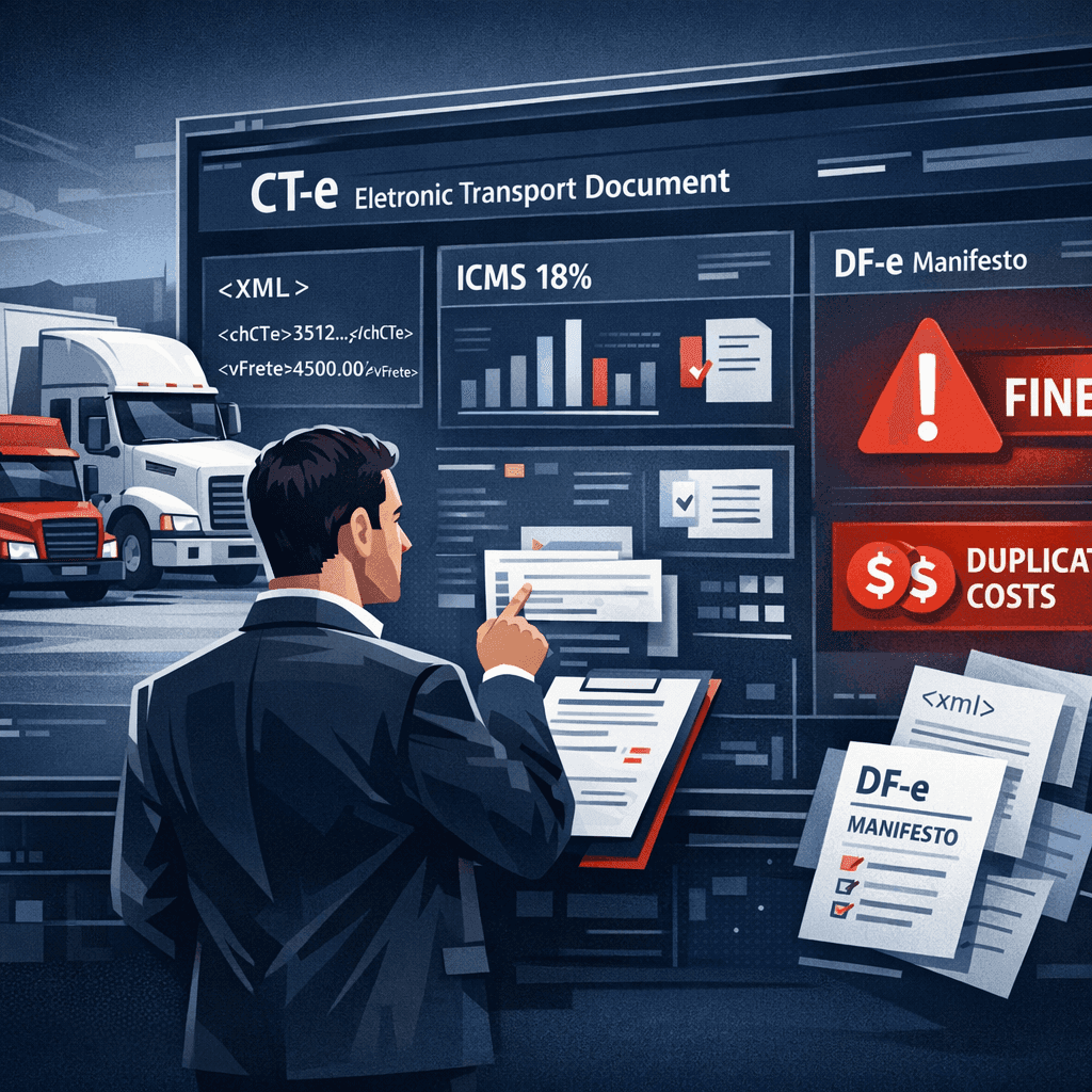 Gestor de logística analisando CT-e subcontratado com alertas de multa e custo duplicado em dashboard fiscal.
