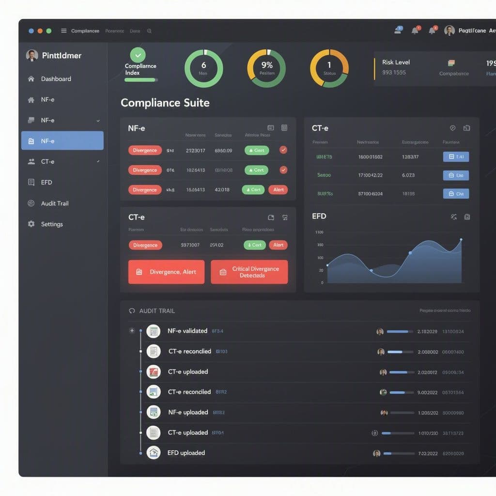 Dashboard fiscal com alertas de NF-e sem manifestação, CT-e divergente e EFD pendente