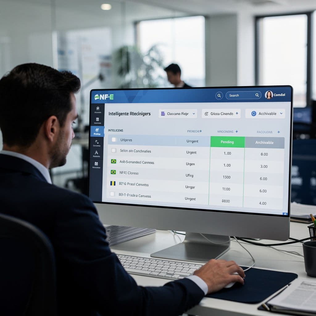 Analista visualizando painel de NF-e com filtros inteligentes por prioridade.