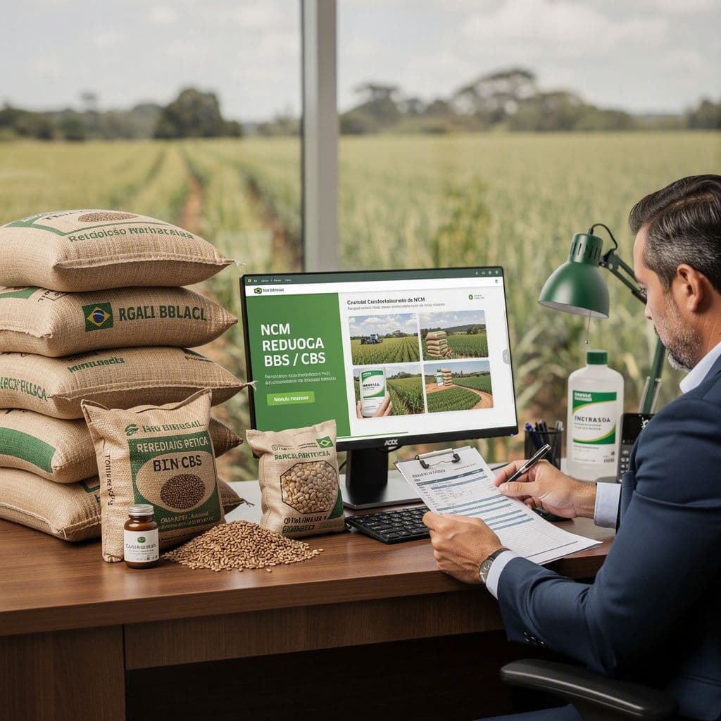 Produtor rural e contador consultando códigos NCM de insumos agro para reduzir IBS e CBS