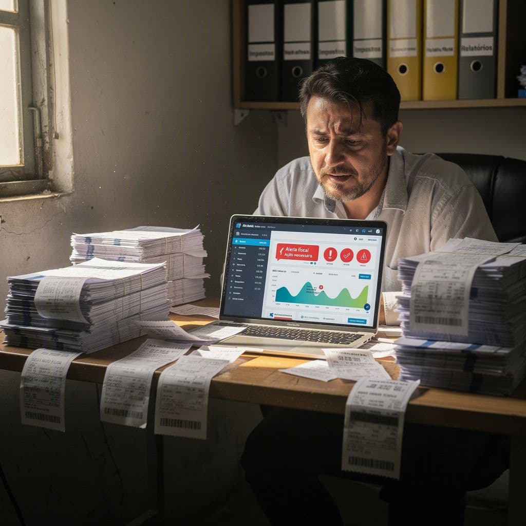 Empresário analisando pilhas de notas fiscais e tela financeira com alerta vermelho