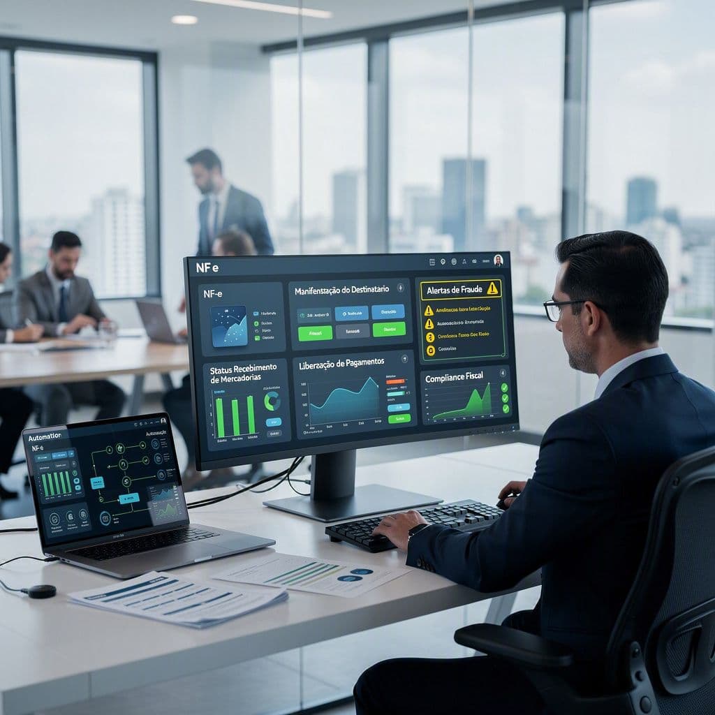Gestor financeiro monitorando NF-e, manifestação do destinatário e liberação segura de pagamentos em painel digital