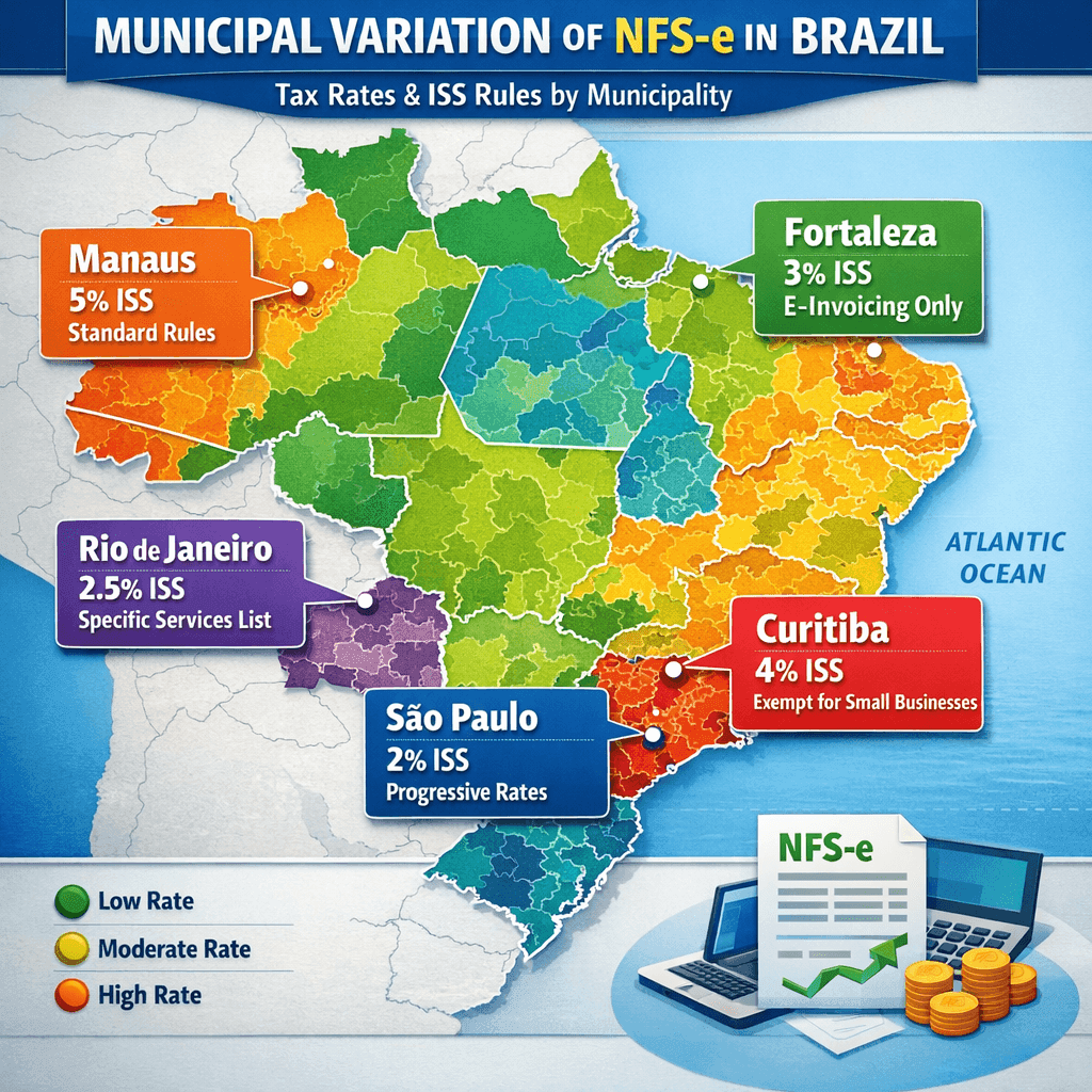 Mapa do Brasil com diferentes regras municipais de ISS