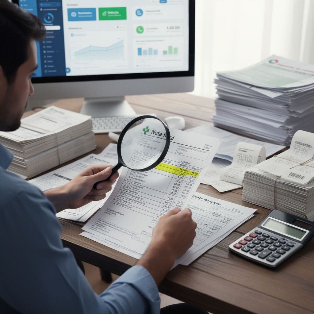 Profissional analisando notas fiscais antigas para encontrar deduções perdidas no Imposto de Renda