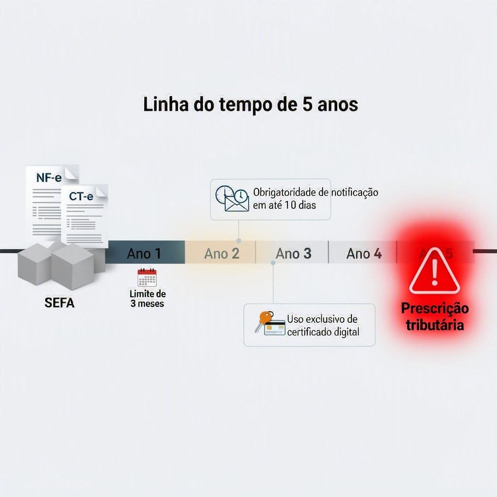 Linha do tempo mostrando NF-e antigas se perdendo por limitações de consulta e prazo prescricional.