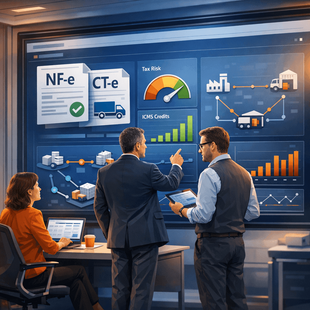 Equipe analisando painel fiscal da cadeia de suprimentos com documentos eletrônicos e indicadores tributários