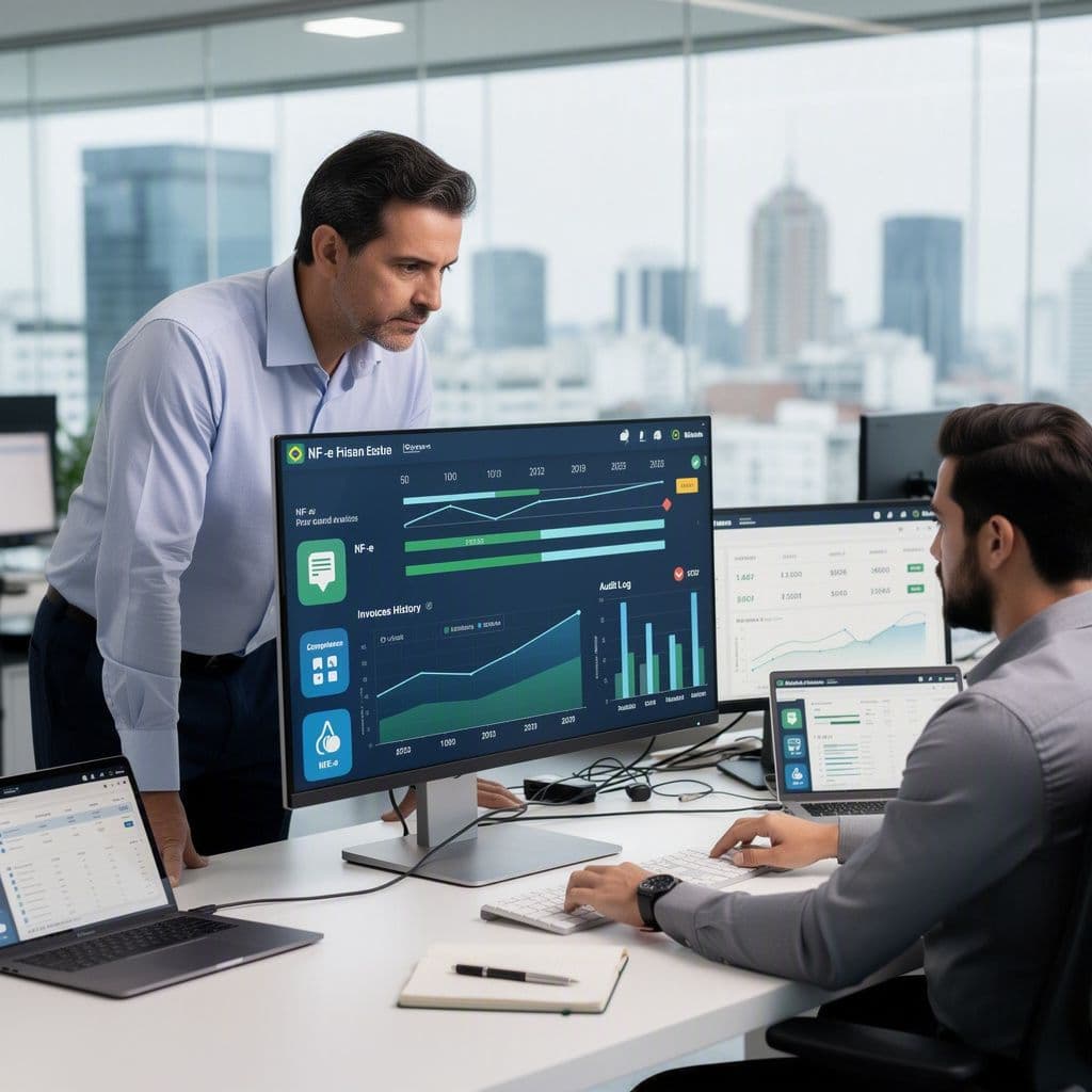 Gestor e contador analisando histórico fiscal completo em painel digital durante preparação para auditoria.
