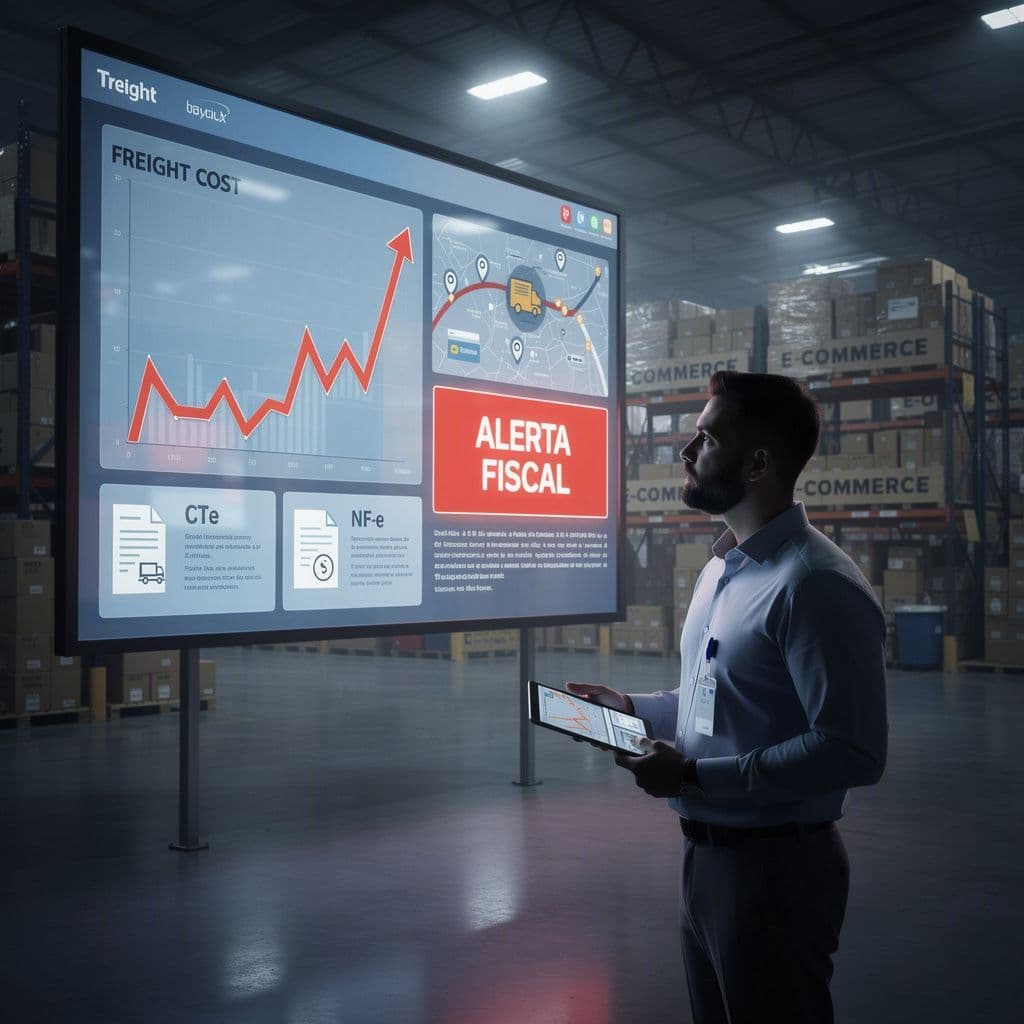 Gestor de logística analisando CT-e, NF-e e custos reais de frete em um dashboard operacional