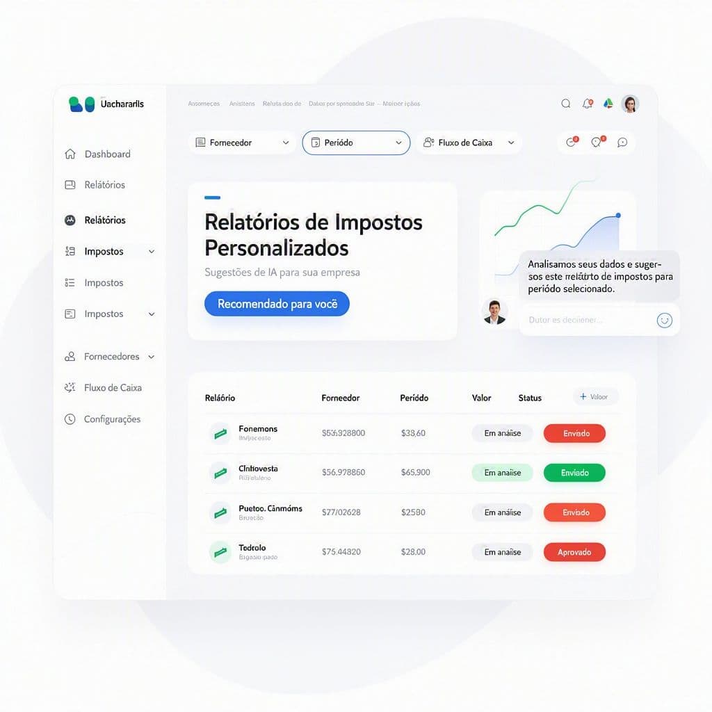 Dashboard financeiro e fiscal com IA criando relatórios personalizados