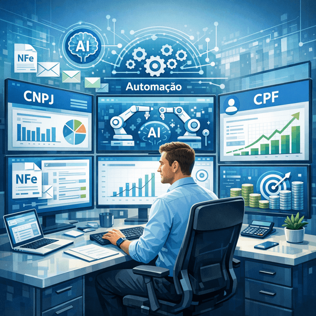 Contador gerenciando múltiplos clientes com automação fiscal e IA em dashboards unificados