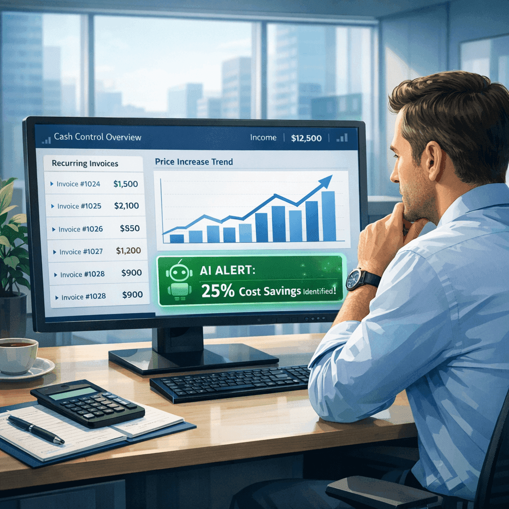 Gestor analisando notas fiscais recorrentes com alerta de IA indicando economia de 25%