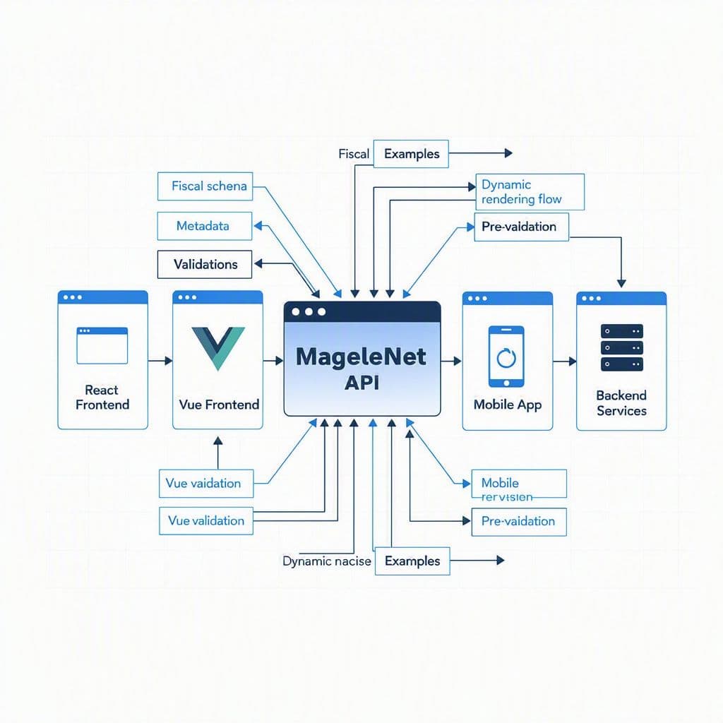Diagrama de arquitetura mostrando API da MagelNet fornecendo schema e validações para frontend e backend