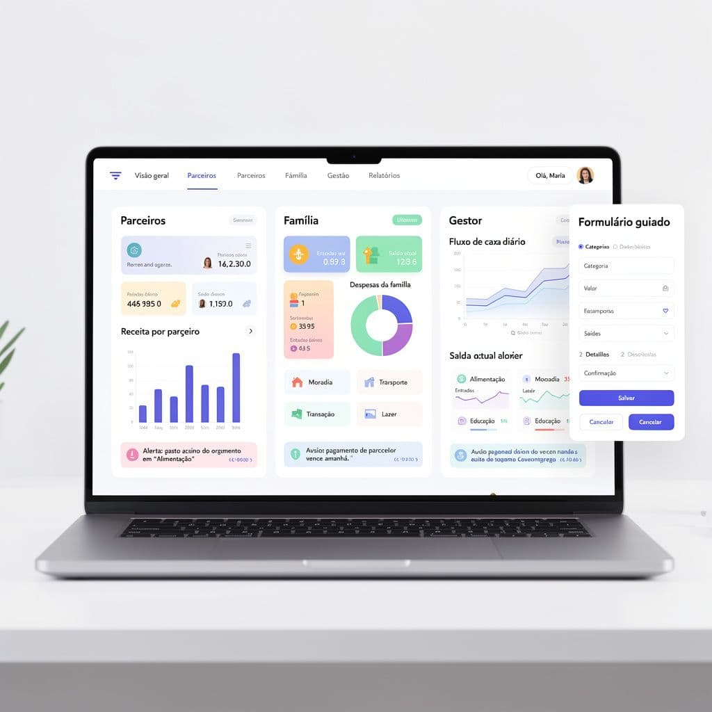 Tela de sistema financeiro com dashboard personalizado para diferentes titulares