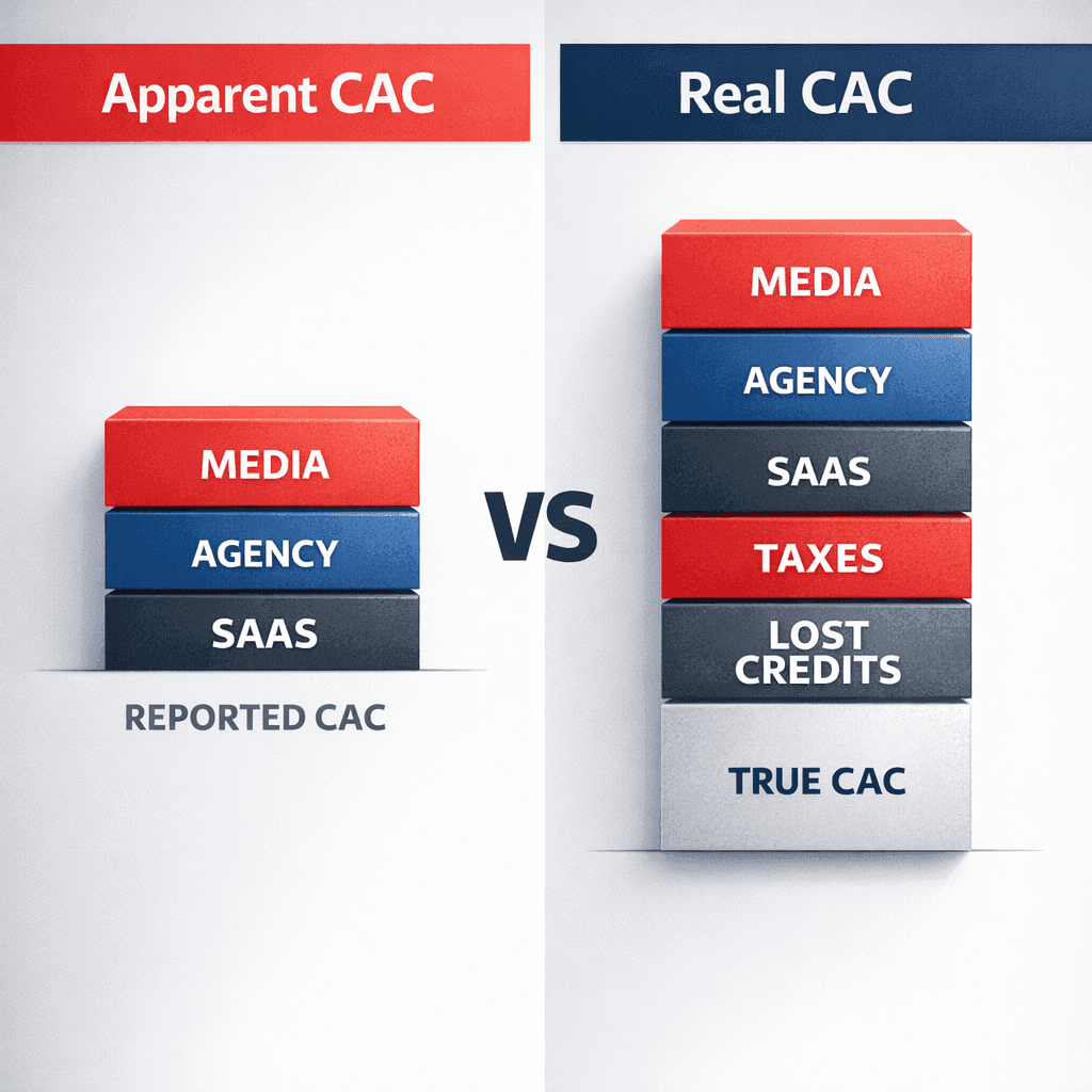 Comparação entre CAC aparente e CAC real com despesas fiscais ocultas