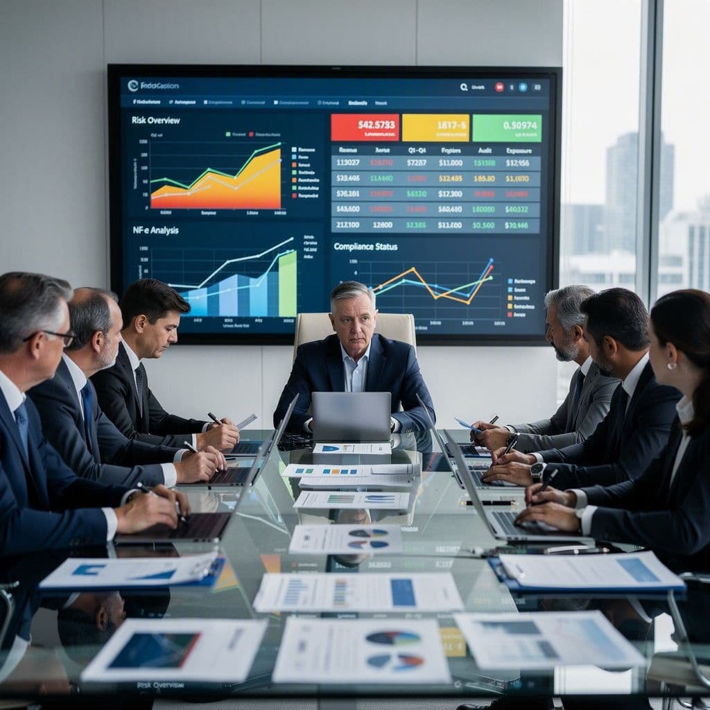 Executivos analisando relatório fiscal em reunião de conselho