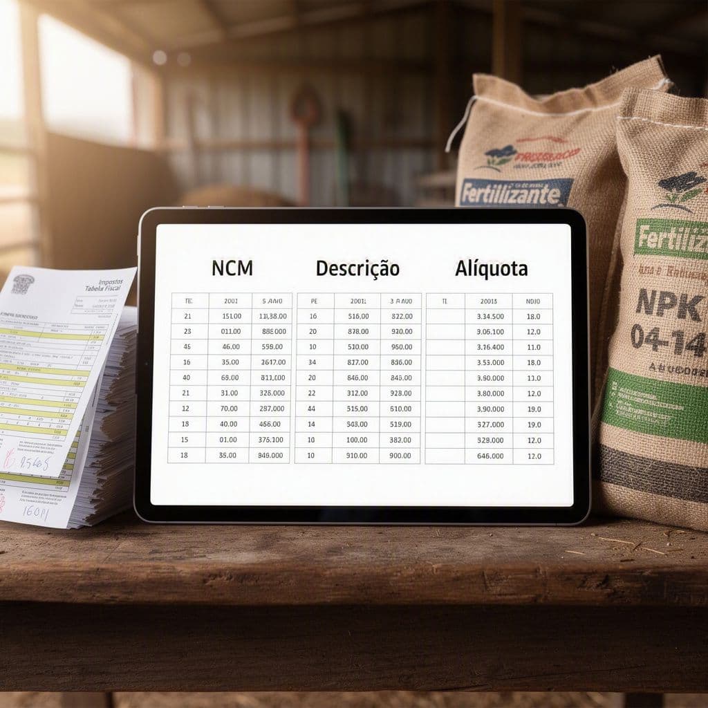 Tablet com planilha tributária ao lado de sacos de fertilizante em ambiente rural