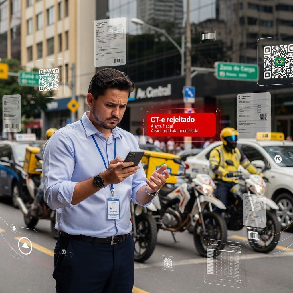 Gestor de frota urbana analisando CT-e enquanto motos e carros de delivery ficam parados