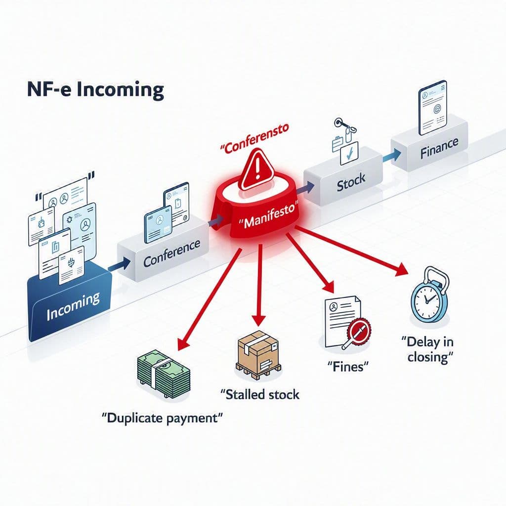 Fluxo operacional de NF-e com gargalo no manifesto impactando financeiro, estoque e auditoria