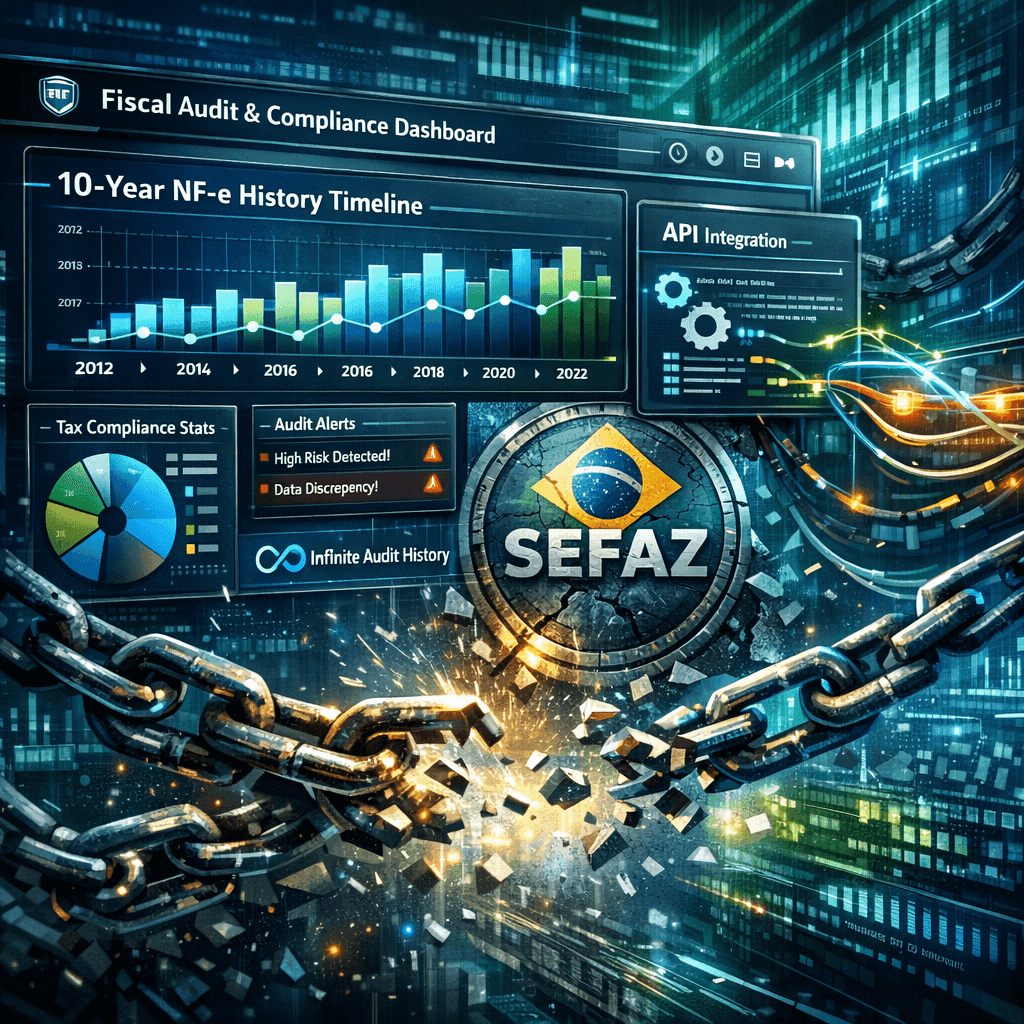 Dashboard fiscal com histórico de NF-e de 10 anos e integração via API, simbolizando liberdade das limitações da SEFAZ