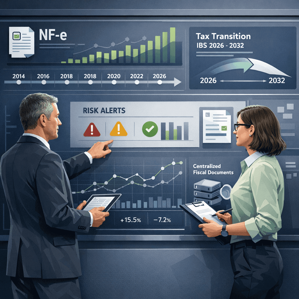 Gestor fiscal analisando histórico de NF-e e riscos de créditos na transição tributária para o IBS