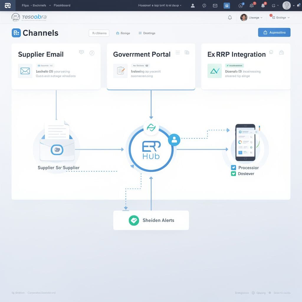 Entradas de documentos fiscais por e-mail, portal e ERP convergindo para um painel central