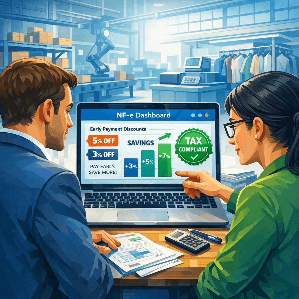 Gestor financeiro analisando dashboard de NF-e com economia por pagamento antecipado