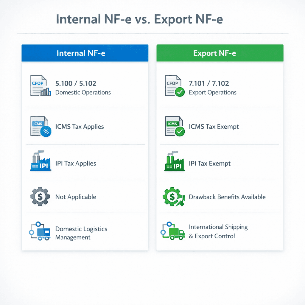 Comparação entre fluxo de NF-e interna e NF-e de exportação com campos fiscais destacados