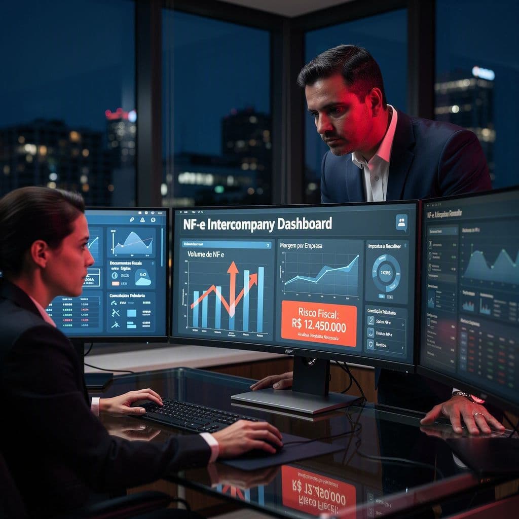 Controller fiscal e diretor financeiro analisando NF-e intercompany e risco de preço de transferência em dashboard