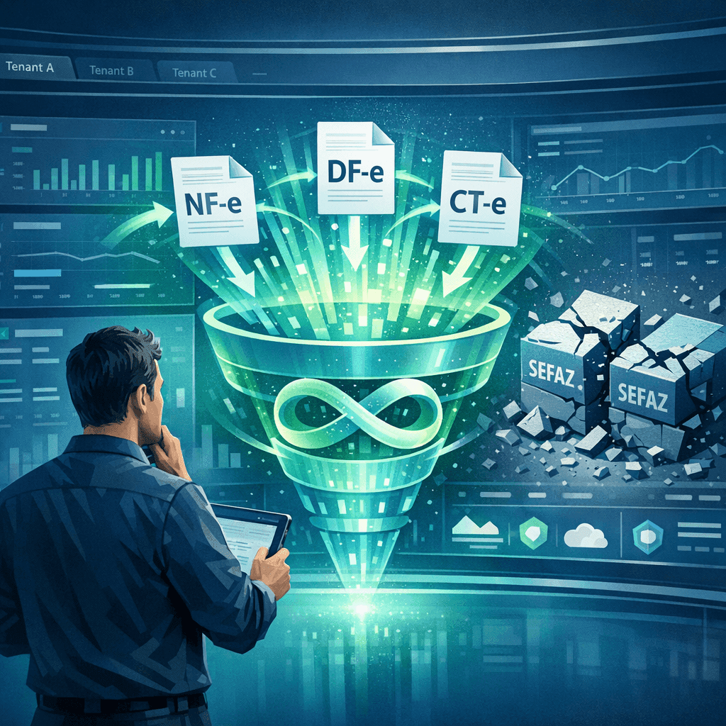 Desenvolvedor integrando um repositório central de notas fiscais para superar limitações da SEFAZ em um app multi-tenant.