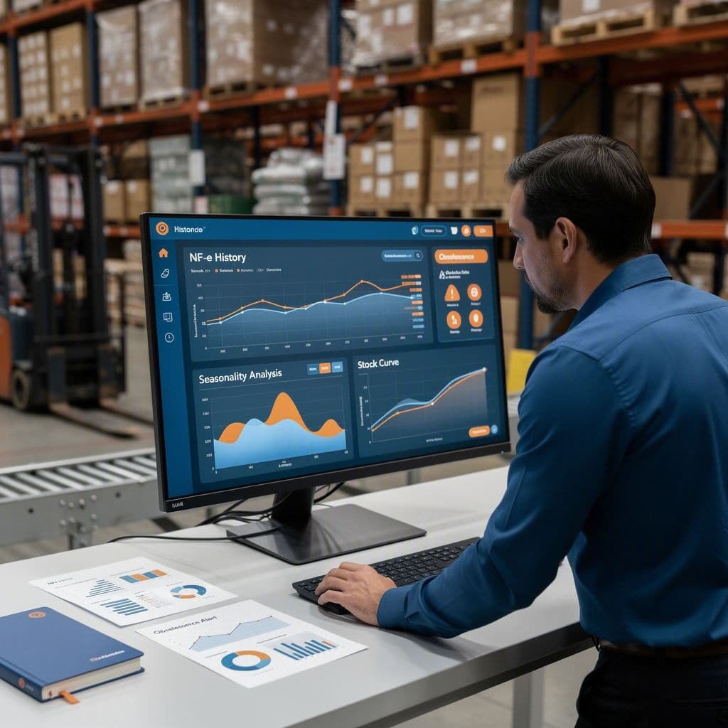 Gestor de compras analisando histórico de NF-e e indicadores de estoque em dashboard industrial